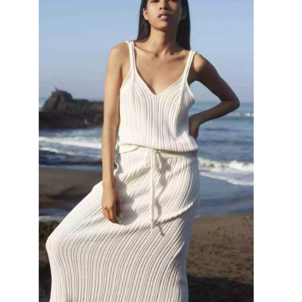 Rue Stiic Women's size XS White Pencil Midi Skirt Knitted Drawstring Waist